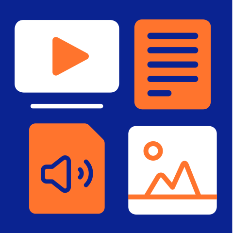 Grid of icons depicting play button, page of text, sound, images